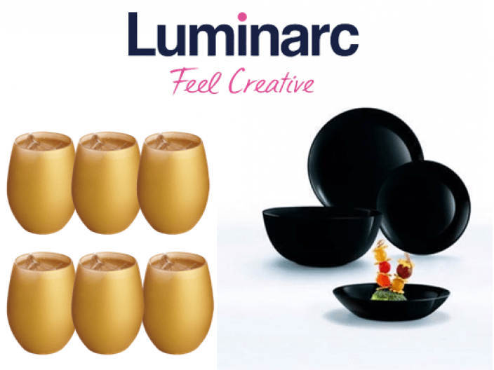 מערכת אוכל לומינארק דיואלי שחור 24 חלקים הכולל סט 6 כוסות זהב מט Luminarc