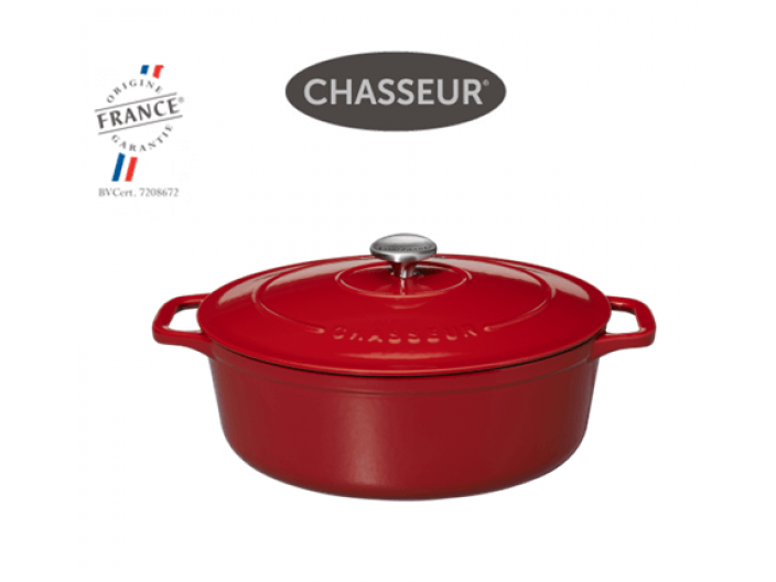סיר ברזל אובלי Chasseur בנפח 6 ליטר קוטר 31 ס"מ תוצרת צרפת צבע אדום + סכין מתנה