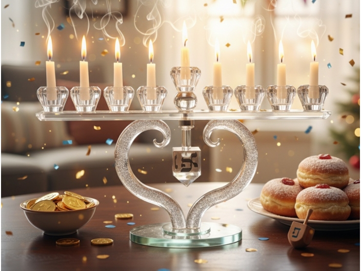 חנוכיה לב קריסטל במידה 22x36 ס"מ כולל סביבון מהודרת