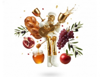 בובת חסיד לבן זהב יושב מנגן גיטרה מעיל מנצנץ