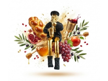 בובת חסיד שחור זהב יושב מנגן בחצוצרה מעיל מנצנץ